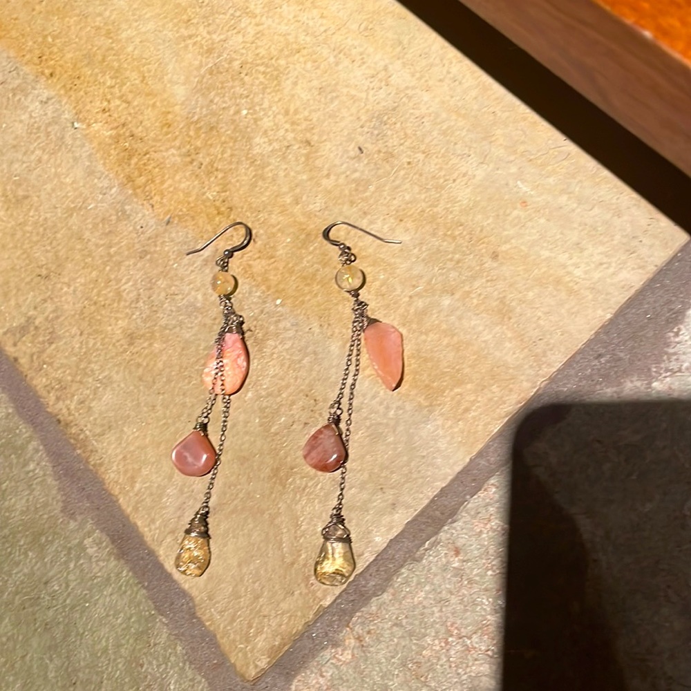 Handmade one of a kind pink gemstone drop earrings